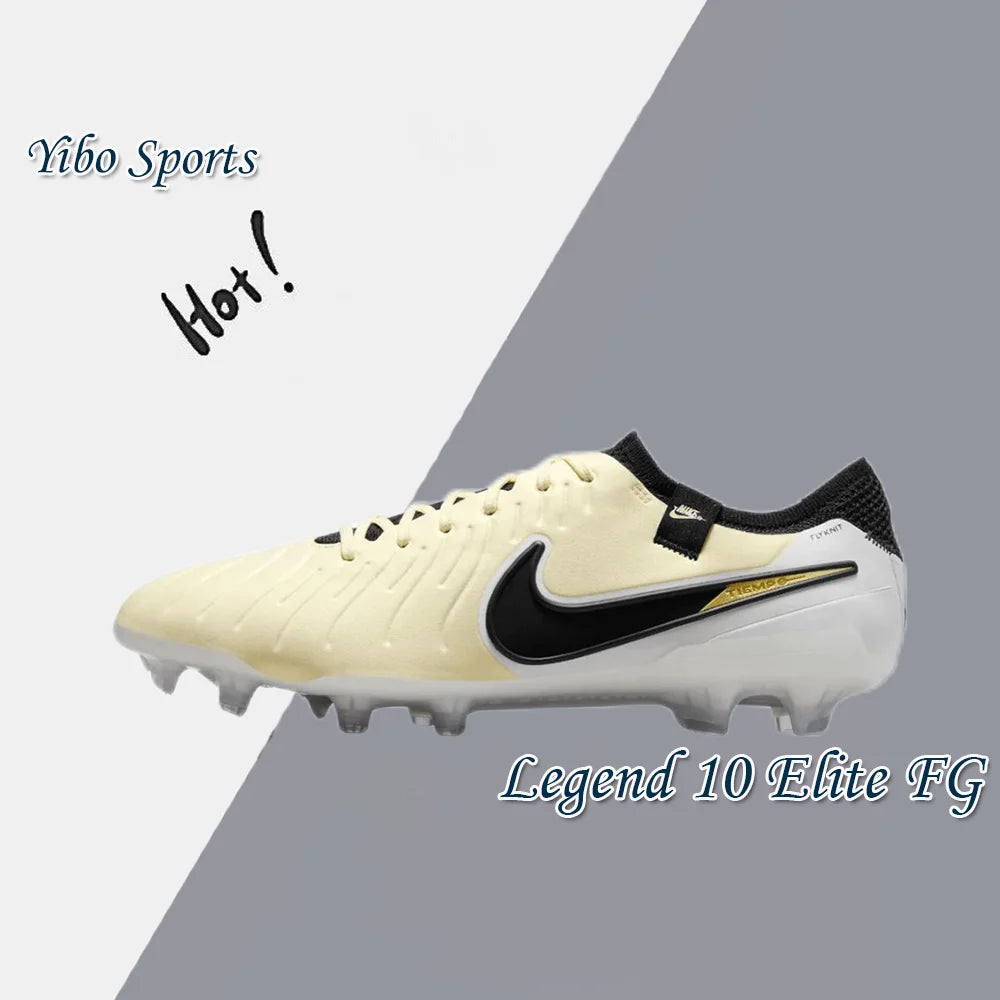 NIKE Tiempo Legend 10 Elite FG Men's Soccer Cleats Slip Resistant Natural Turf White Yellow and Black Colorway